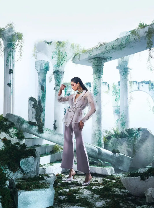 Puffed Sleeves Organza Blazer With Light Lavender Colour Pant - Ankush Jain