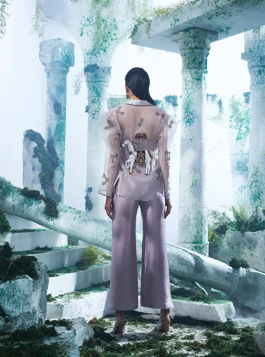 Puffed Sleeves Organza Blazer With Light Lavender Colour Pant - Ankush Jain