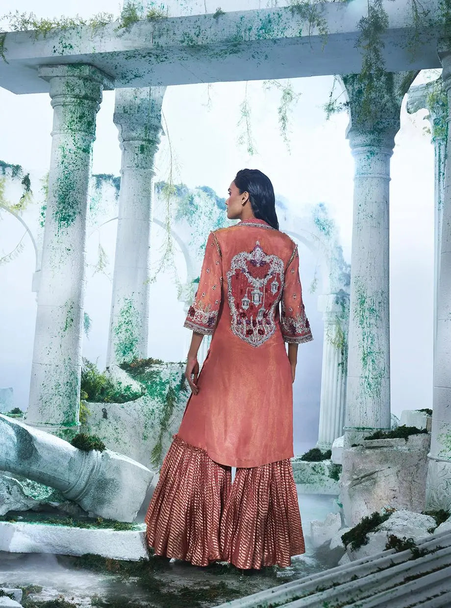 Rouge Pink Kurta With Lapel Collars Paired With A Sharara - Ankush Jain
