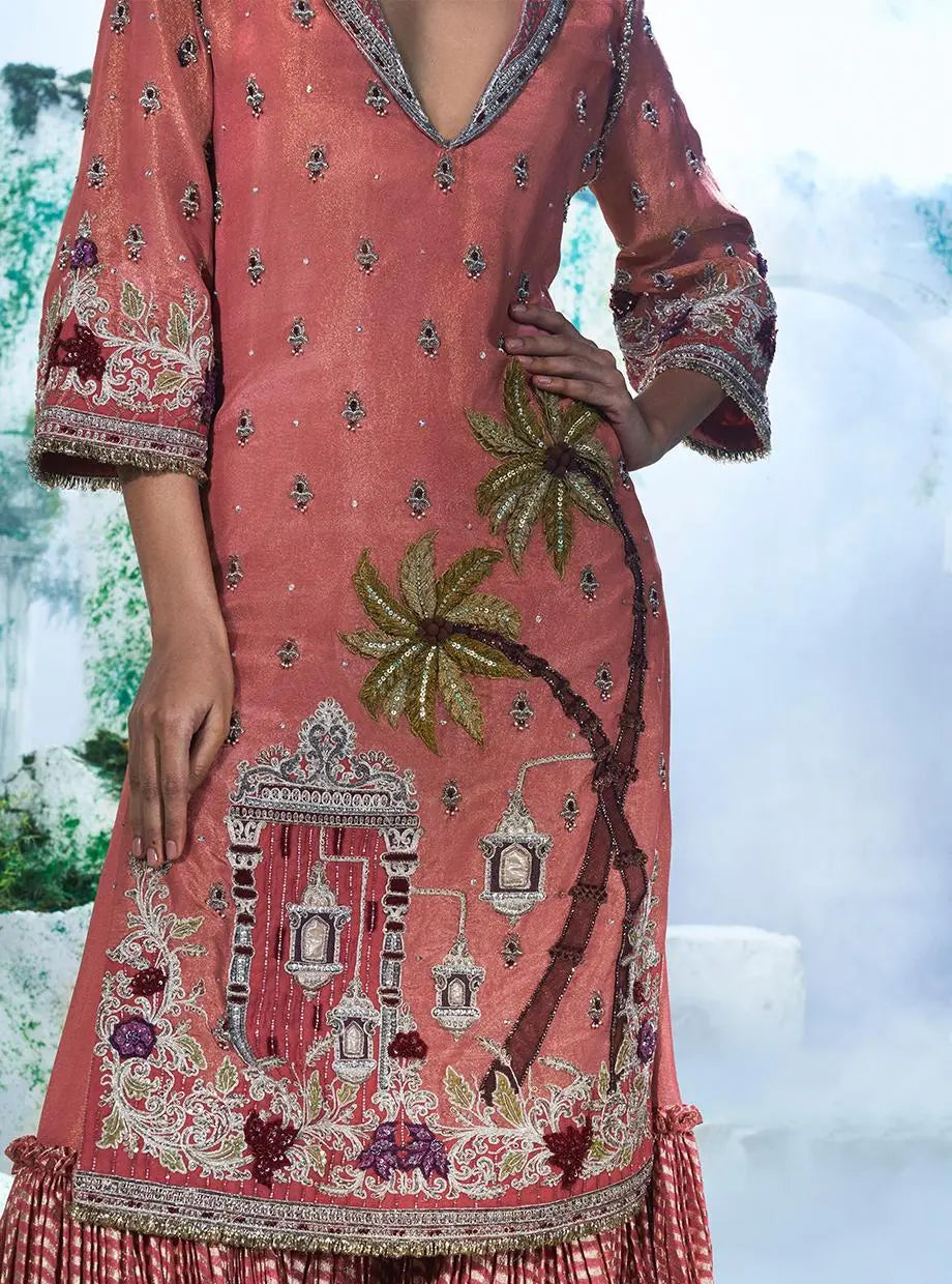 Rouge Pink Kurta With Lapel Collars Paired With A Sharara - Ankush Jain