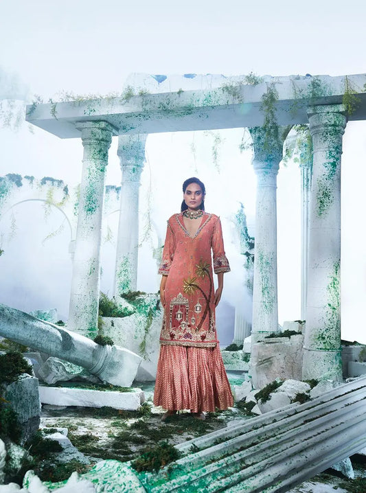 Rouge Pink Kurta With Lapel Collars Paired With A Sharara - Ankush Jain