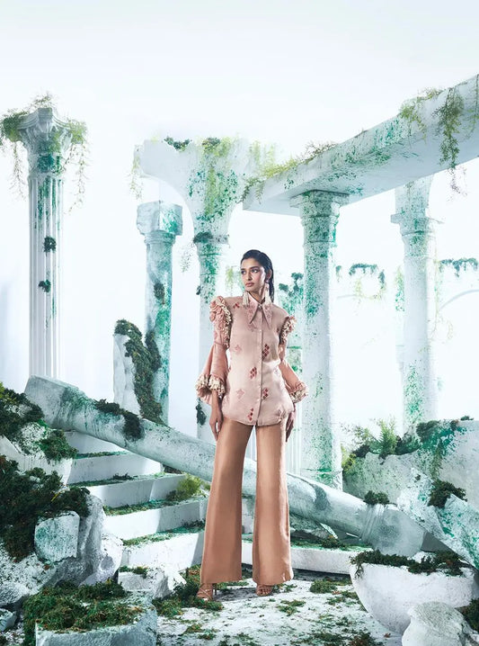 Salmon Peach Shirt Paired With Pure Dupian Flared Pant - Ankush Jain