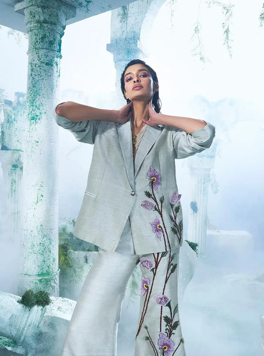 Sea Foam Light Grey Blazer Set - Ankush Jain