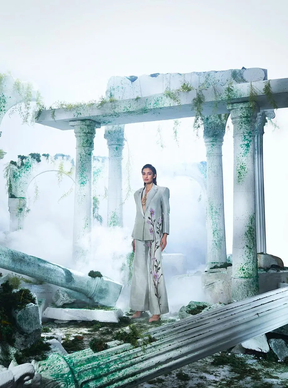 Sea Foam Light Grey Blazer Set - Ankush Jain