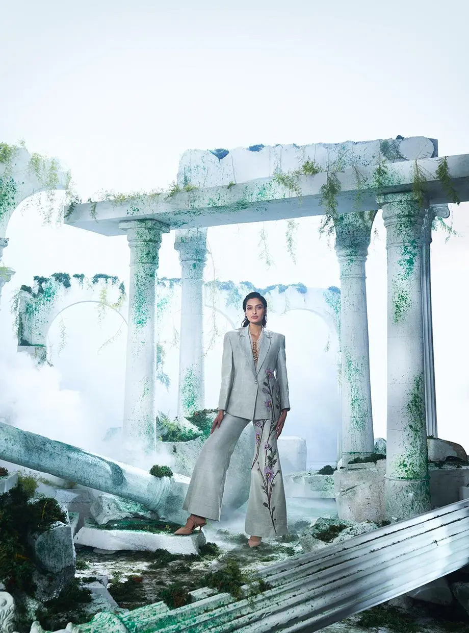 Sea Foam Light Grey Blazer Set - Ankush Jain