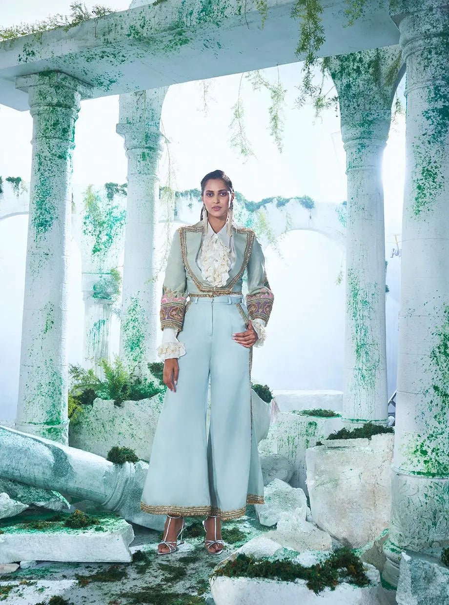 Soft Mint Green Crop Blazer Set - Ankush Jain