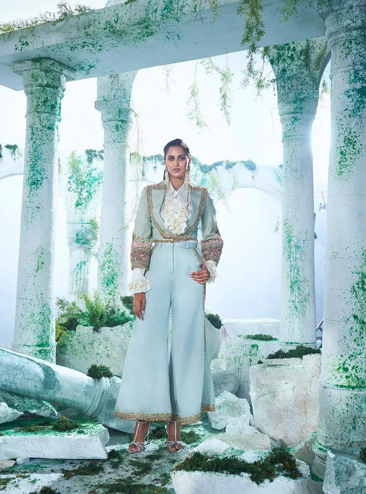 Soft Mint Green Crop Blazer Set - Ankush Jain