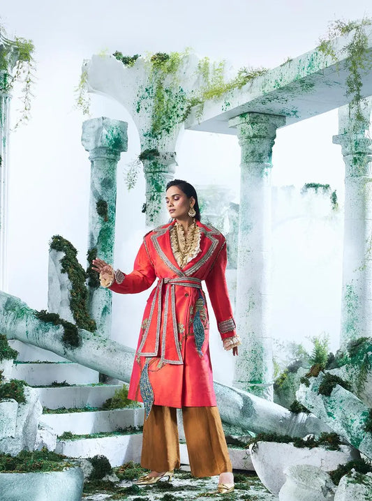 Two Toned ( Tones Of  Tangerine And  Meganta Pink) Trench Coat Paired With Chinon Chiffon Shirt With Victorian Styling And Pure Dupian Silk Flared Pant - Ankush Jain