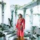 Two Toned ( Tones Of  Tangerine And  Meganta Pink) Trench Coat Paired With Chinon Chiffon Shirt With Victorian Styling And Pure Dupian Silk Flared Pant - Ankush Jain