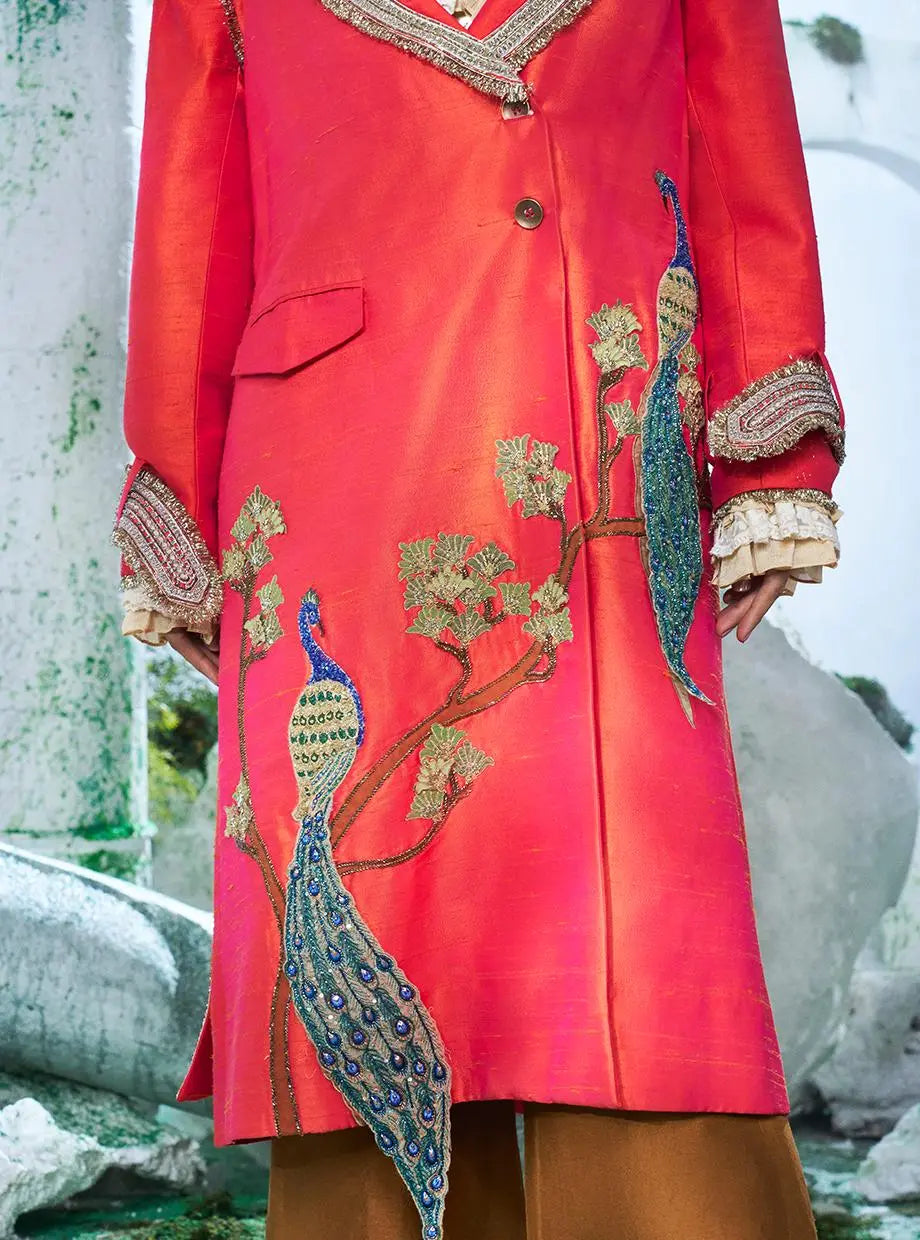 Two Toned ( Tones Of  Tangerine And  Meganta Pink) Trench Coat Paired With Chinon Chiffon Shirt With Victorian Styling And Pure Dupian Silk Flared Pant - Ankush Jain