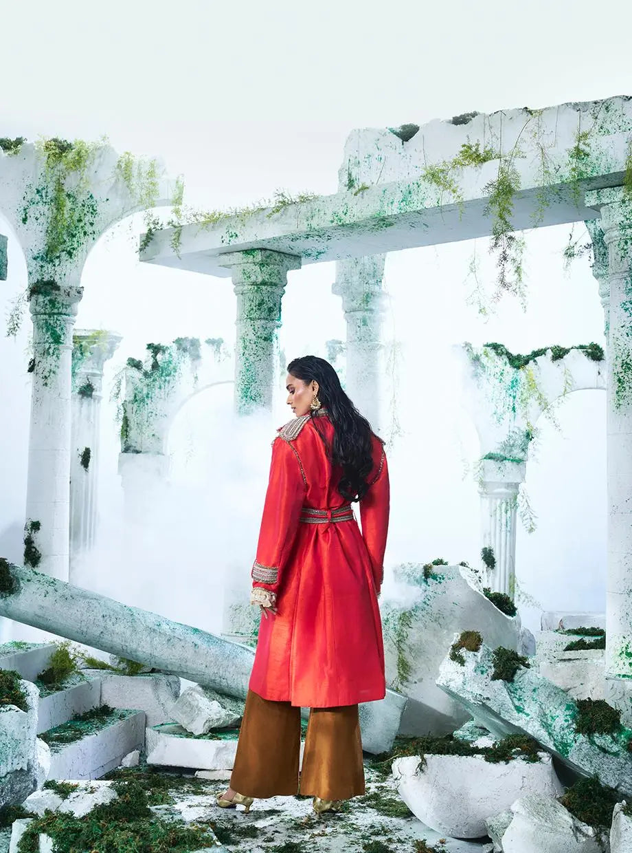 Two Toned ( Tones Of  Tangerine And  Meganta Pink) Trench Coat Paired With Chinon Chiffon Shirt With Victorian Styling And Pure Dupian Silk Flared Pant - Ankush Jain
